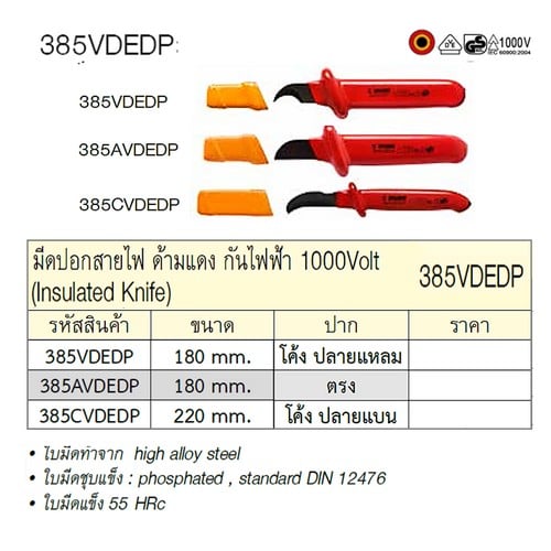 SKI - สกี จำหน่ายสินค้าหลากหลาย และคุณภาพดี | UNIOR 385VDEDP มีดตัดสายไฟ ปากโค้ง-ปลายแหลม 180 mm. ด้ามแดงกันไฟ 1000V.(385VDE)